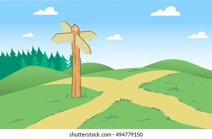 The illustration shows an intersection of narrow country roads with a pointer on a background of green hills and forests