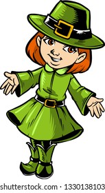 The illustration shows an Irish girl wearing a green traditional suit. 