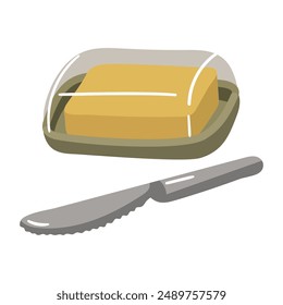 Illustration shows a jar of oil, in a closed glass oil can with a lid, ready for use. Perfect adding juiciness and flavor to your culinary creations. Insulated piece of butter on a stand with a grid