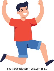 Illustration shows a joyful boy wearing a red t-shirt and blue shorts jumping with raised arms. The mood is energetic and cheerful.