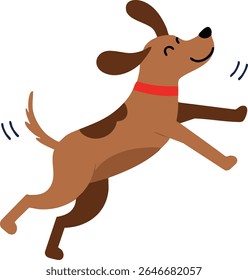 A ilustração mostra um cão marrom alegre com um colar vermelho saltando brincalhamente. O cão expressa excitação e energia neste projeto vetorial animado. Humor alegre.