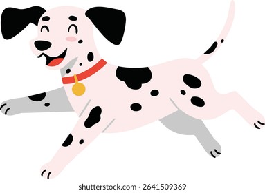 Illustration shows a joyful Dalmatian dog with black spots and a red collar running energetically in a playful style. Cheerful and lively mood.