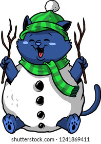 The illustration shows a joyful kitten that is having a snow adventure. He wears a green scarf and a green winter hat. He has a lot of fun pretending that he is a snow man. 