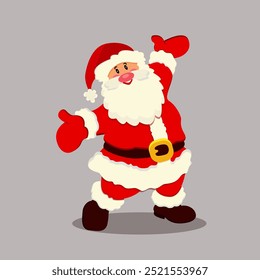 The illustration shows a joyful Santa Claus with his arms outstretched. He is wearing a red suit and dark boots.