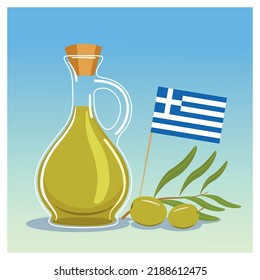 The illustration shows a jug of olive oil, olives and the flag of Greece.