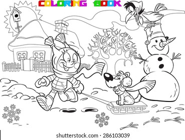 
The illustration shows a kid during the winter holidays. Girl playing in the yard with a dog and a snowman. Illustration done in cartoon style, black outline for coloring book