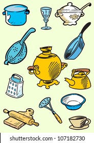 The illustration shows kitchen utensils in a cartoon style. Drawing done on separate layers.