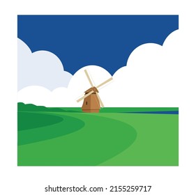 The illustration shows a landscape with a mill.