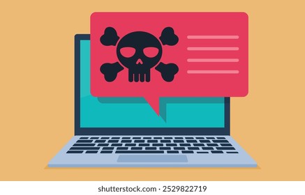 The illustration shows a laptop with a warning message on the screen. The message contains a black skull and crossbones inside a red speech bubble, indicating a virus or malware alert on a yellow back