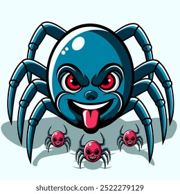 The illustration shows a large, cartoon-style spider with an evil grin, red glowing eyes, and its tongue out. It has blue legs and a shiny round body. Three smaller spiders with red bodies surround it