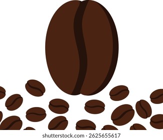 Illustration shows a large coffee bean surrounded by multiple smaller beans in brown shades, representing coffee and beverage concepts with a simple and clear design, calm mood.