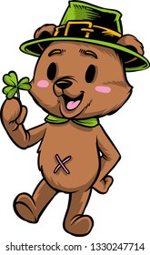 The illustration shows a leprechaun bear holding a clover leaf. 