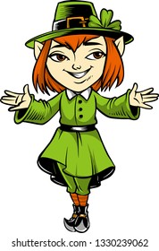 The illustration shows a leprechaun girl. She wears a beautiful traditional suit .