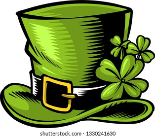 The illustration shows a leprechaun hat with few clover leaves in it. 