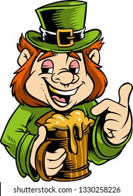 The illustration shows a leprechaun that is drinking a huge mug of Irish beer. 