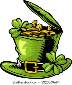 The illustration shows a leprechaun's hat filled with gold and clover leaves. 