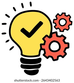 An illustration shows a lightbulb with a checkmark inside accompanied by two gears all with black outlines on a white background
