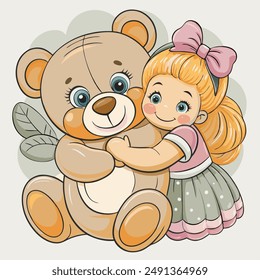 The illustration shows a little girl hugging a large teddy bear. She looks cheerful in a dress with a pink top and a gray skirt, and the bear cub hugs her back with a friendly expression. 