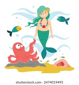 The illustration shows the Little Mermaid, an octopus and fish in the ocean.