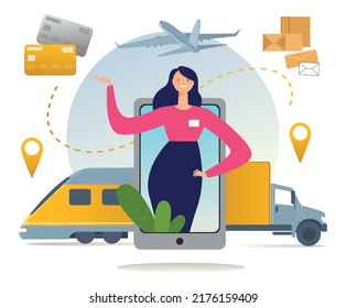 The illustration shows logistics, freight and postal transportation around the world.