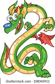 The illustration shows the long dragon. The dragon is smiling and he has a paws, wings and couple horns.