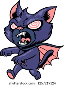 The illustration shows a mad vampire cat that has sharp fangs and claws and  wears a blue mantle. 