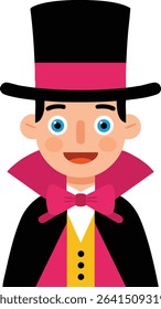 Illustration shows a male magician wearing a black top hat, pink bow tie, and cape, smiling with bright blue eyes, conveying a playful and magical mood.
