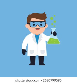 Illustration shows a male scientist wearing goggles and lab coat holding a bubbling green chemical flask, representing chemistry or science work in a friendly style. Cheerful mood.