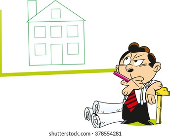 The illustration shows a man architect who considers the project house on paper