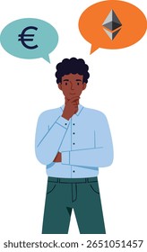 Ilustração mostra um homem em uma camisa azul contemplando moeda euro e símbolos de criptomoeda etéreo, refletindo a tomada de decisões financeiras em um humor pensativo.