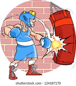 The illustration shows a man boxer on training. He fulfills blows at a punching bag. Illustration done in cartoon style, background on a separate layer.