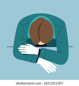 Illustration shows a man with brown hair wearing a teal jacket and white gloves resting his head on crossed arms. The background is light blue, creating a calm and introspective mood.