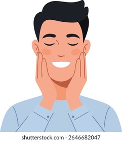 Illustration shows a man with closed eyes smiling gently while touching his cheeks, expressing relaxation and contentment in a calm mood.
