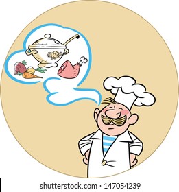 The illustration shows a man in a cook hat and apron. And tureen and ingredients for cooking. Illustration done in cartoon style, on separate layers.