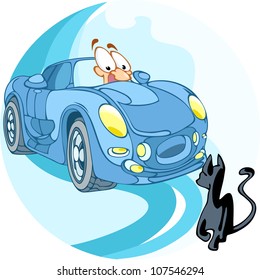 The illustration shows a man driving a car. He crosses paths with a black cat. In the man on the face of fear, as this is a bad omen. Illustration done in cartoon style, on separate layers.