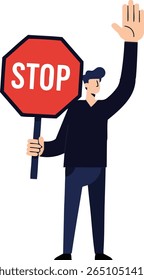 Illustration shows a man holding a red stop sign and raising his hand to signal stop, representing traffic control and pedestrian safety in a clear and simple style. Calm mood.