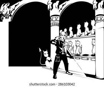 The illustration shows a man security guard in a museum devils. The museum features a collection of statues of mystical devils. Illustration in black and white silhouette, in the style of comics.