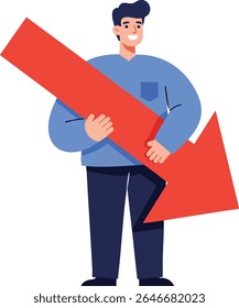 Illustration shows a man wearing blue shirt and dark pants holding a big red downward arrow, representing decline or reduction, in a clean vector style with bright colors. Optimistic mood.