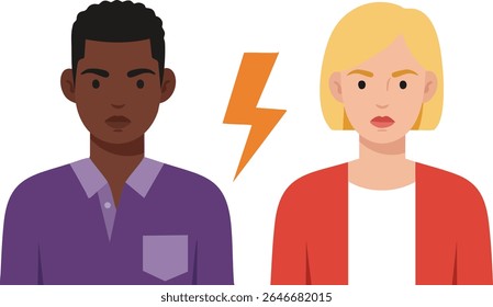 Illustration shows a man and woman facing forward with a lightning bolt between them, representing conflict and disagreement in communication, creating a tense mood.