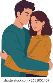 Illustration shows a man and woman hugging closely, dressed in warm sweaters, conveying intimacy and affection with calm expressions in a cozy atmosphere. Mood is tender and loving.
