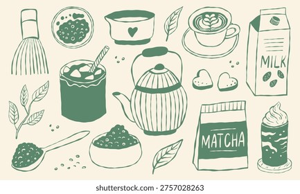 Illustration shows matcha tea items: teapot, cup, milk carton, matcha bag, whisk, bowls, leaves. Clean, hand drawn style. Great for recipes, cafes or wellness content