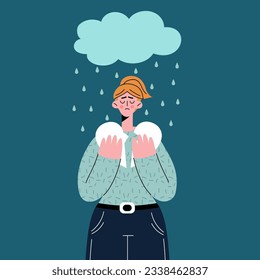 The illustration shows a melancholy self-made  girl standing under a rain with a broken heart.