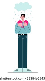 The illustration shows a melancholy self-made man standing under a rain with a broken heart.
