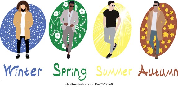 The illustration shows men against the background of different seasons.