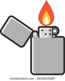 Illustration shows a metal flip top lighter with a bright flame igniting. The design is clean and minimalistic, presenting a modern and functional object. Calm mood.