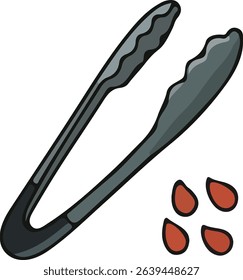 An illustration shows metal tongs with red seeds next to them, all on a white background.