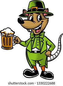 The illustration shows a mice wearing a green Irish suit. The little animal is having a mug of beer because it's Saint Patrick's Day.  