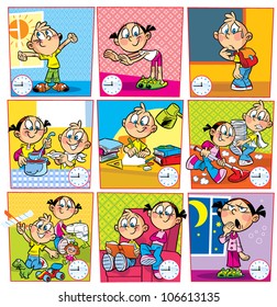 The illustration shows the mode of the day for school children. Illustration done in cartoon style, on separate layers.