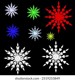 La ilustración muestra copos de nieve multicolores, que consisten en varios Elementos geométricos.