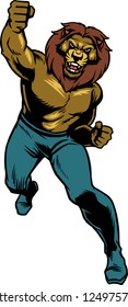 The illustration shows a muscular Lion that's throwing a punch. His body is covered with muscles and he has fangs. The fiery Lion looks angry and full of power, he wants to fight.